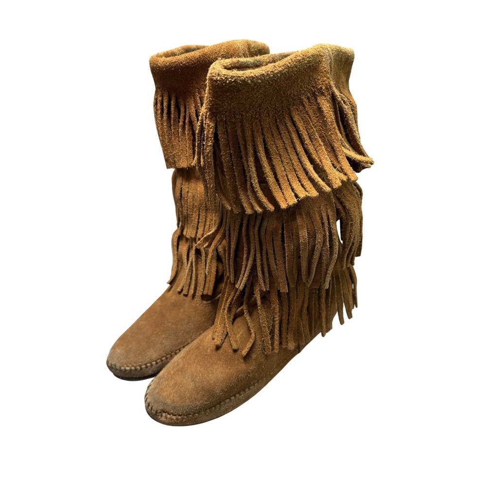 Minnetonka Boots‎ Womens Size 8 Brown 3-Layer Fringe Suede Calf High Boho 1632